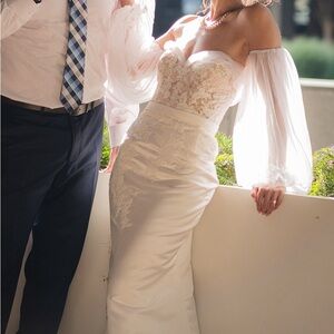 Pronovias Satin Ivory Wedding Dress with Detachable overSkirt, Sleeves and Veil